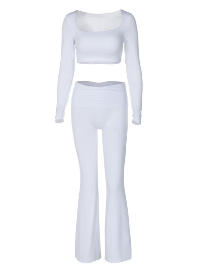 Conjunto de dos piezas de top corto con cuello cuadrado y manga larga de color liso informal para mujer