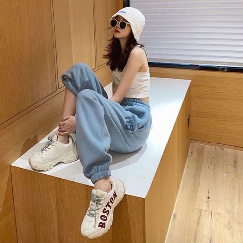 Women Solid Lettering Hoodie And Elastic Pants Casual Loose Two Piece Set