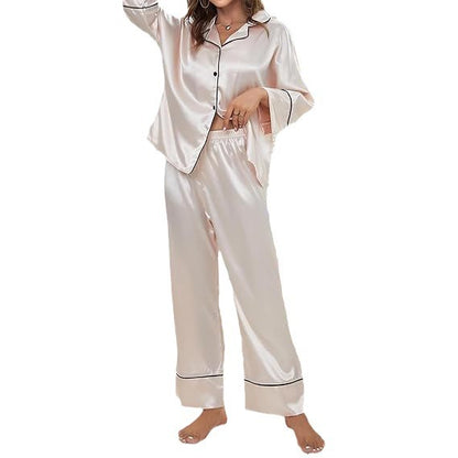 Conjunto de pijama de dos piezas para mujer, informal, de seda, con solapa, manga larga y pantalones holgados