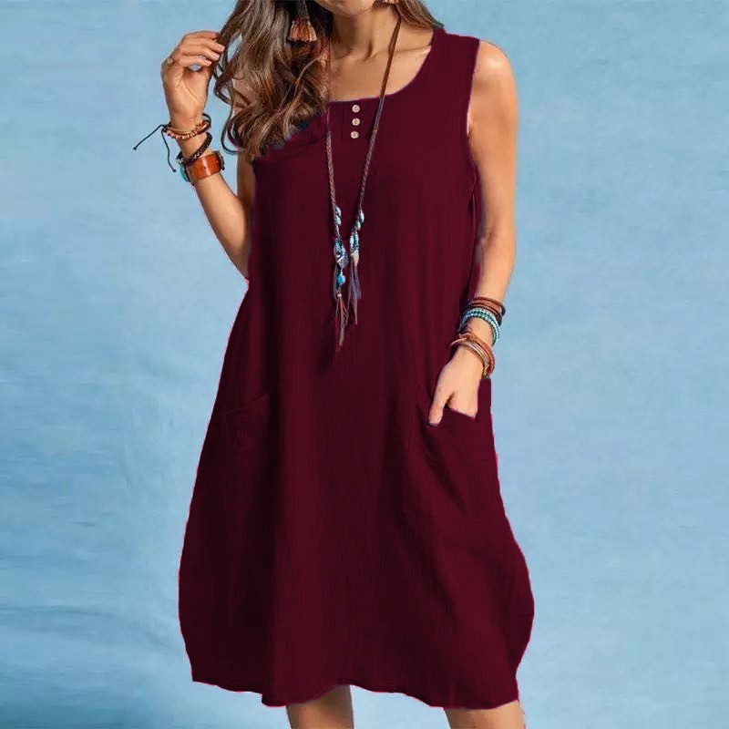 Spring And Summer Women Cotton Loose Casual Solid Color Sleeveless Dress
