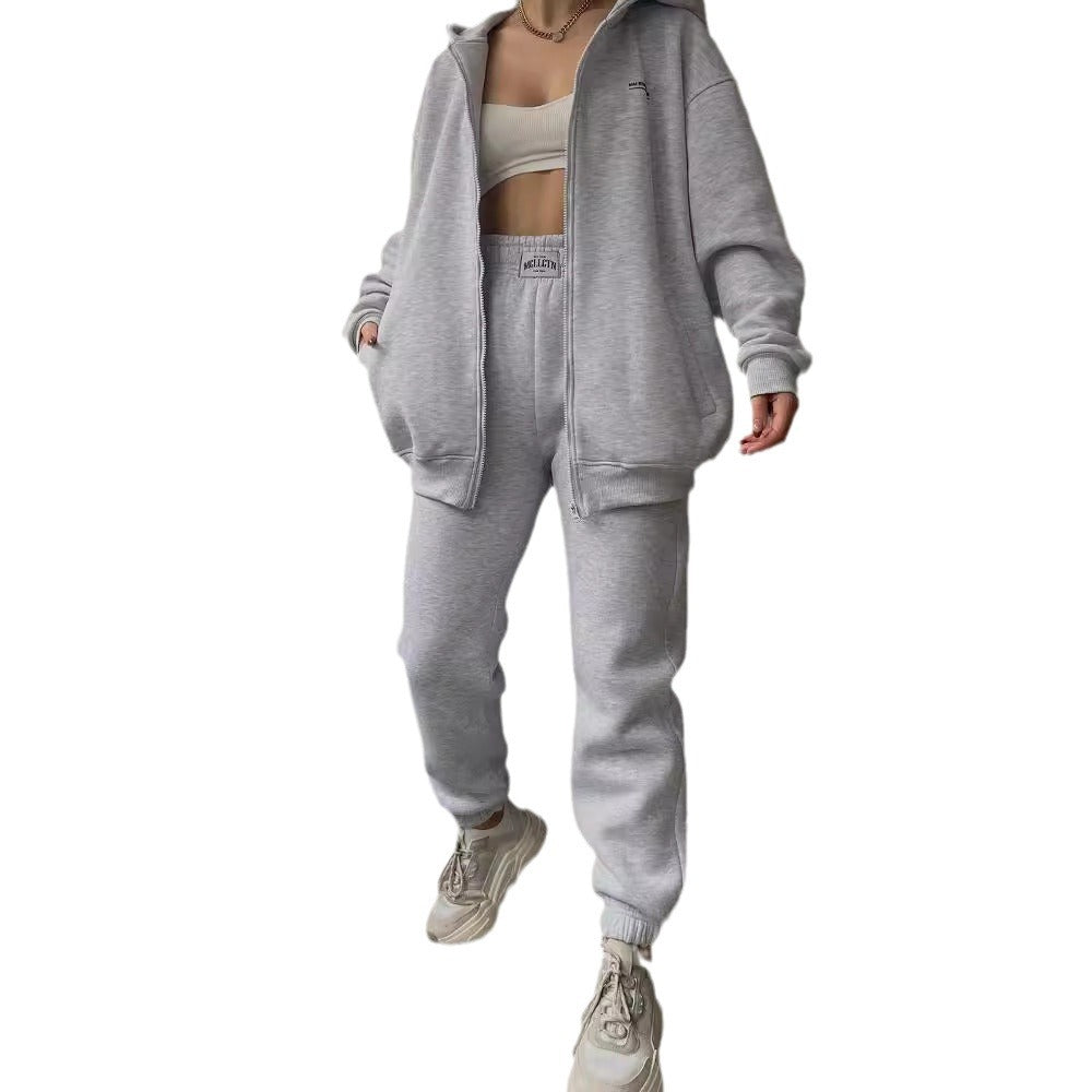 Athleisure Women Long Sleeve Fleece-Lined Zipper Hoodie Sweatpants Casual Sports Set