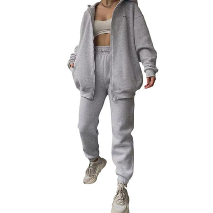 Athleisure Women Long Sleeve Fleece-Lined Zipper Hoodie Sweatpants Casual Sports Set