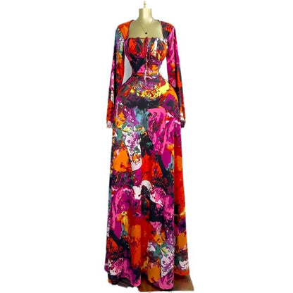 Women Fashion Casual Floral Printed Square Neck Long Sleeve High Waist Dress