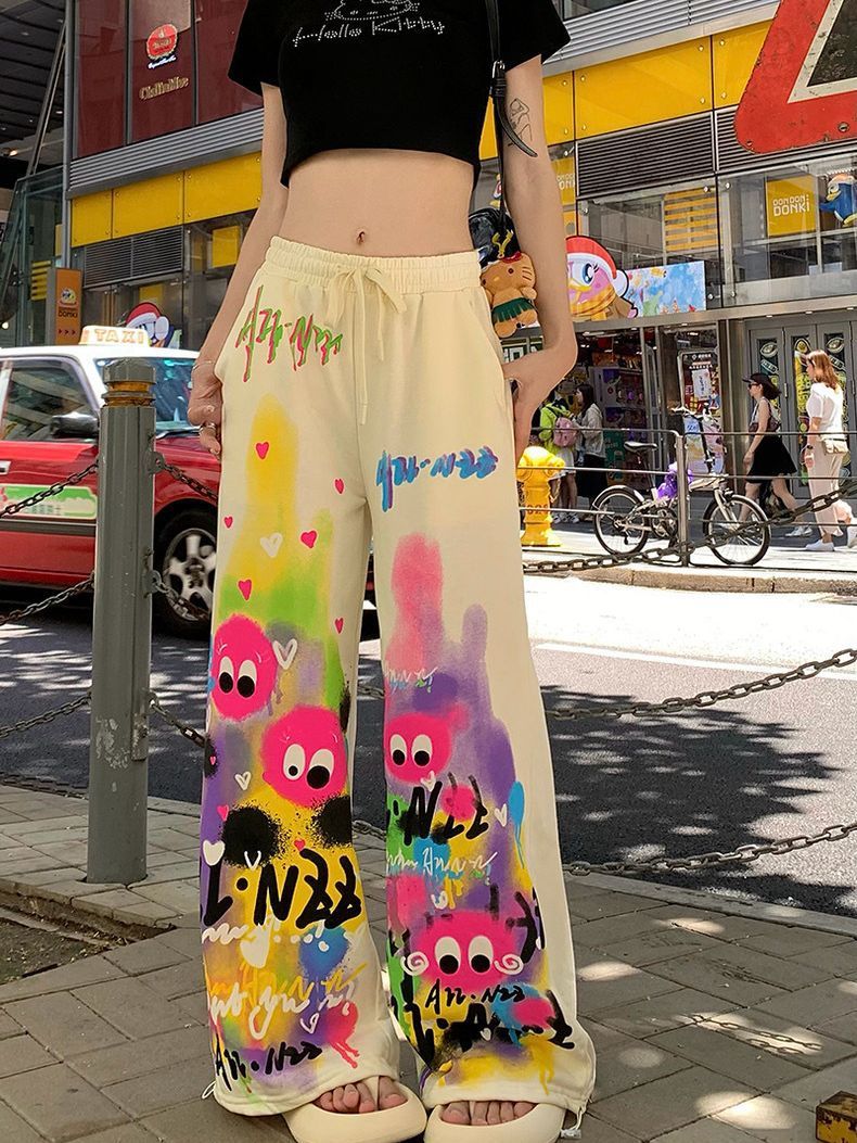 Pink Wide Leg Summer Loose High Waist Graffiti Casual Pants