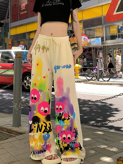 Pink Wide Leg Summer Loose High Waist Graffiti Casual Pants