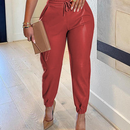Women Solid Color PU Leather Drawstring Elastic Waist Casual Jogger Pants