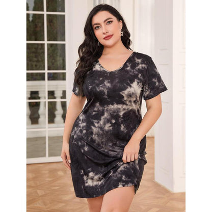 Plus Size Women Casual Loungewear Tie-Dye Print Backless Short Sleeve Dress