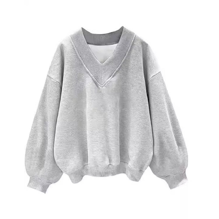 Women Fashion Casual Solid Color V-Neck Fleece-Lined Loose Sweatshirt