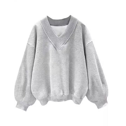 Women Fashion Casual Solid Color V-Neck Fleece-Lined Loose Sweatshirt
