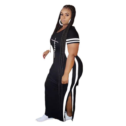 Women Fashion Casual Printed Split Short Sleeve Round Neck Plus Size Dress