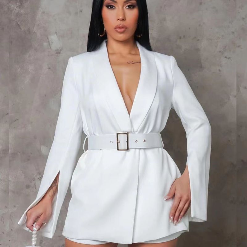 Women Fashion Casual Deep V Long Sleeve Blazer Dress Belt