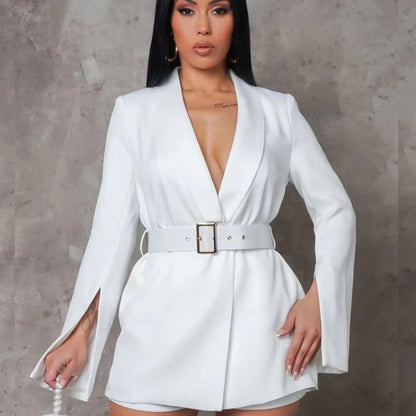 Women Fashion Casual Deep V Long Sleeve Blazer Dress Belt