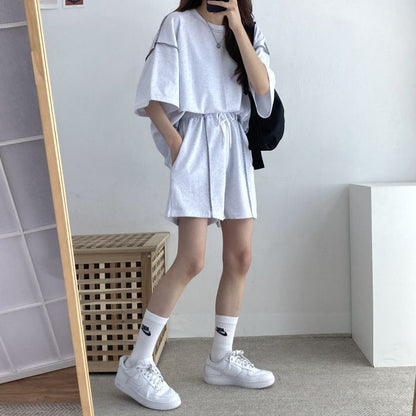 Women Fashion Casual Loose Round Neck Short Sleeve Top Drawstring Shorts Two-Piece Set