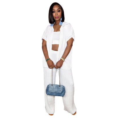 Women Spring And Summer Tree Pattern Embossed Cloth Short-Sleeved Shirt Casual Wide-Leg Pants Set