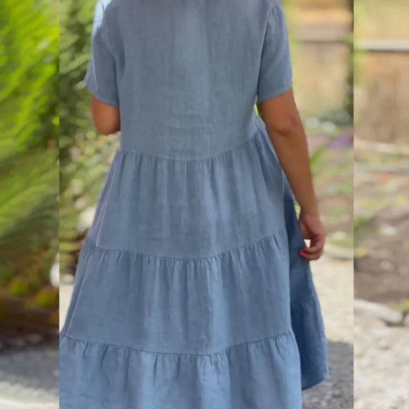 Vestido holgado informal de manga corta con cuello en V para mujer