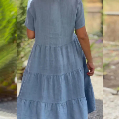 Vestido holgado informal de manga corta con cuello en V para mujer