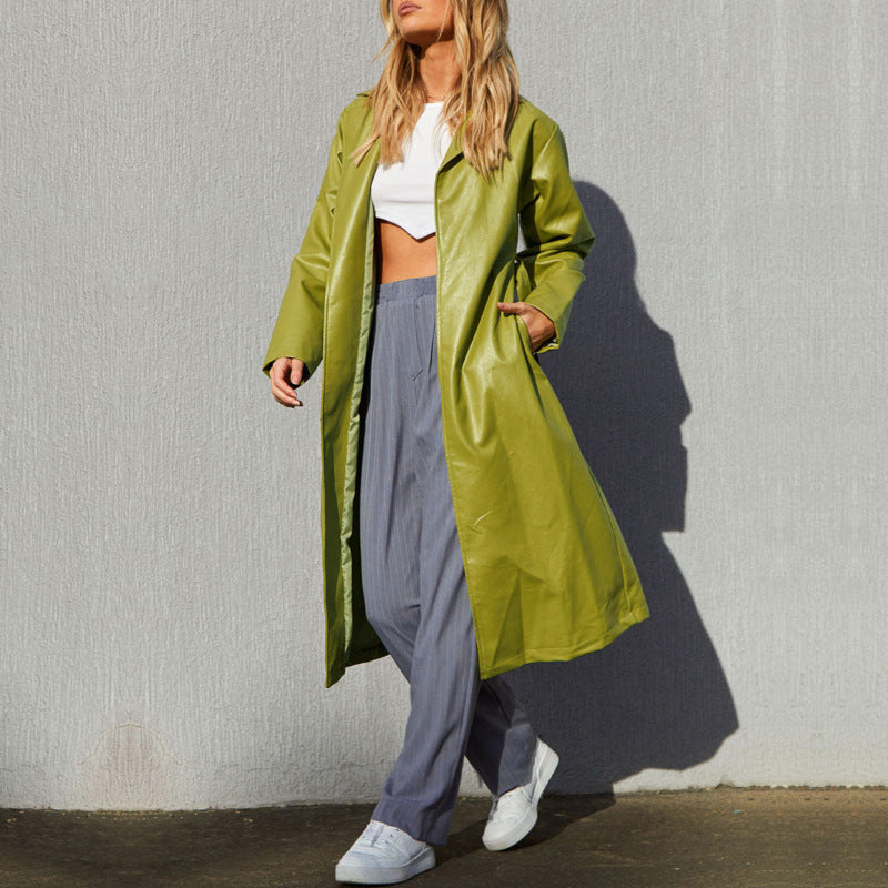 Chaqueta larga de cuero de color liso para mujer, gabardina informal