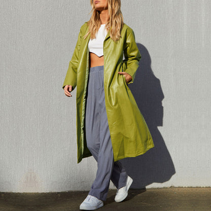 Chaqueta larga de cuero de color liso para mujer, gabardina informal