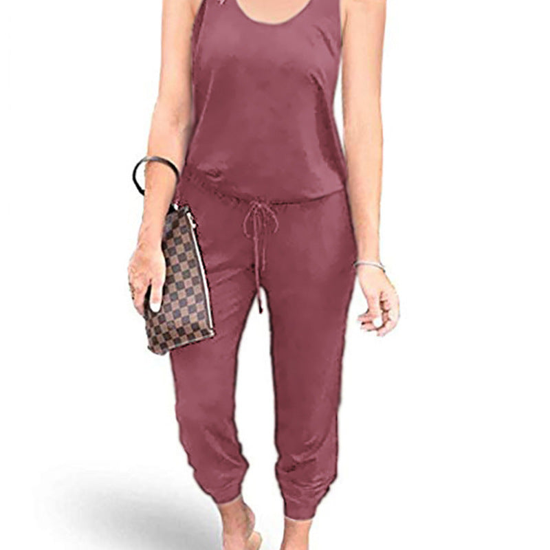 Women Solid Color Tank Top Waist Tie Casual Loose Jumpsuit