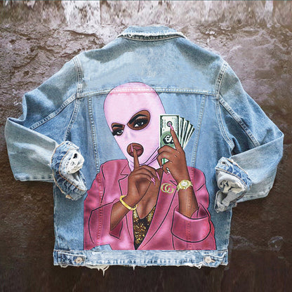 Chaqueta vaquera informal de manga larga con estampado gráfico y botonadura sencilla para mujer