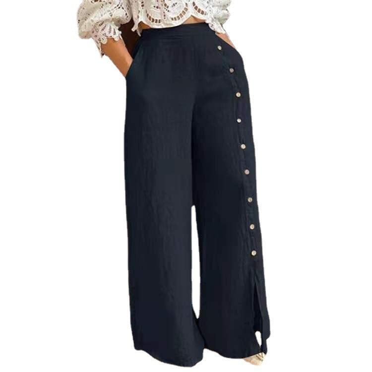 Women Loose Casual Multi-Button Split Wide Leg High Waist Pants