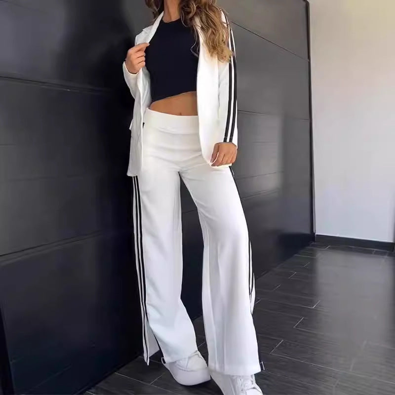 Conjunto de dos piezas de blazer, abrigo y pantalones con solapa y manga larga informal para mujer