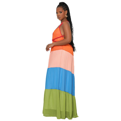 Summer Women Casual Color Blocking Bandage Backless Ruffled Chiffon Dress