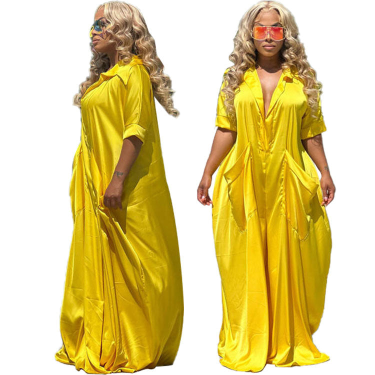 Women Casual Summer Elegant Short Sleeves Fashion Satin Solid Color Loose Jumpsuits