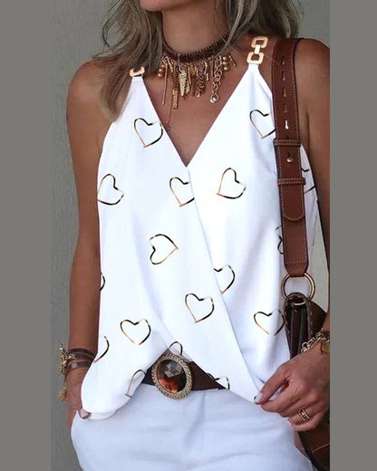 Women Fashion Casual Printed V-Neck Metallic Buckle Tank Top
