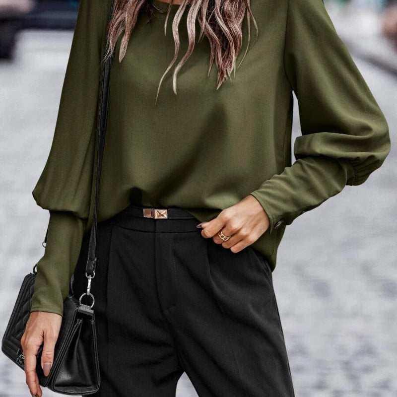 Camisa informal de manga larga de color liso a la moda para mujer