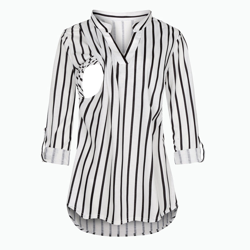 Pregnant Women Fashion Casual V-Neck Plaid Print Breastfeeding Long Sleeve Top