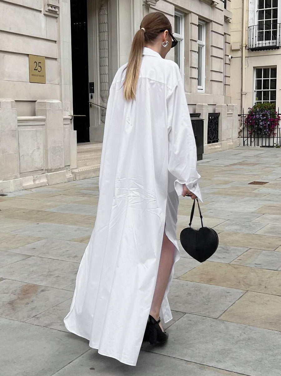 Women Casual Loose Solid Color Lapel Split Cotton Dress