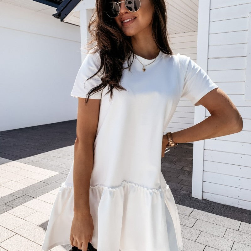 Women Casual Summer Solid Color Short-sleeved Loose Round Neck Ruffle Dress