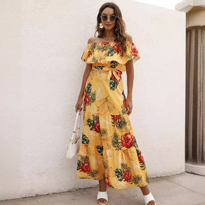 Bohemian Summer Women Casual Flower Print Off-Shoulder Ruffled Maxi Dress
