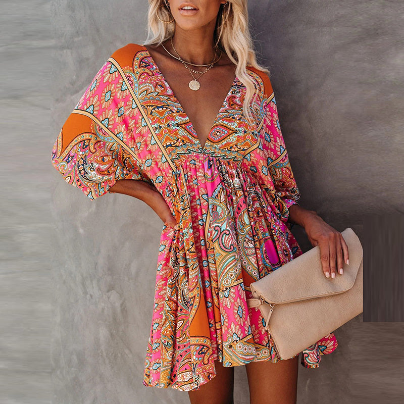 Bohemian Women Elegant Vintage Spring Casual V Neck Ruffled Long Flare Sleeves Mini Dress