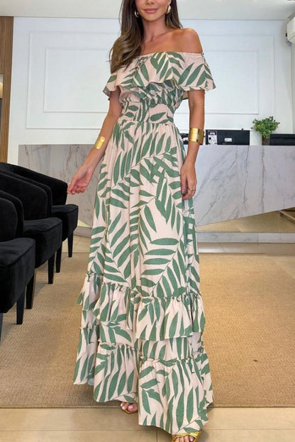 Vestido largo informal con estampado de hojas y cuello barco para mujer, cintura elástica