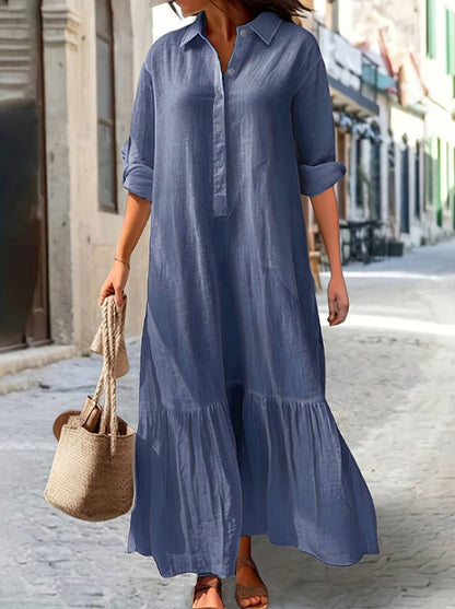 Vestido largo informal de algodón y lino con solapa para mujer, talla grande