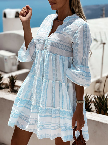 Summer Women Vintage Casual Bohemian Stripe Print Ruffled V-Neck High Waist Mini Fashion Loose Dress