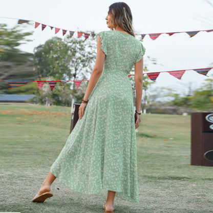 Spring And Summer Women'S Casual Middle Waist Short Sleeve V-Neck Drawstring Waist Tiny Flower Printing Bohemian Vacation Irregular Ruffled Dress