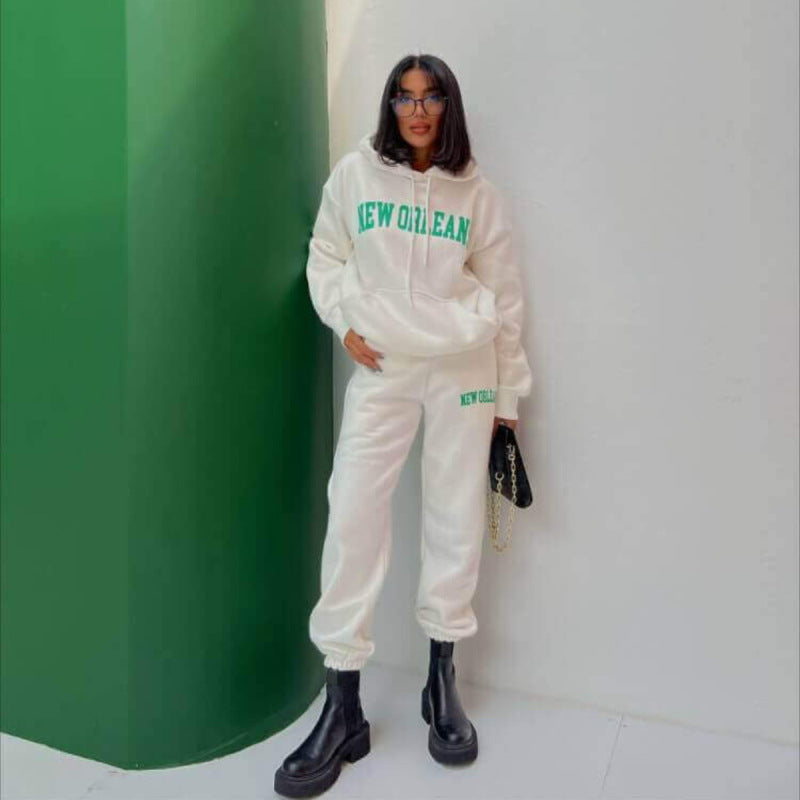 Conjunto deportivo informal de moda para mujer, con capucha y pantalones de chándal, estampado de letras y nombre de ciudad y bolsillo
