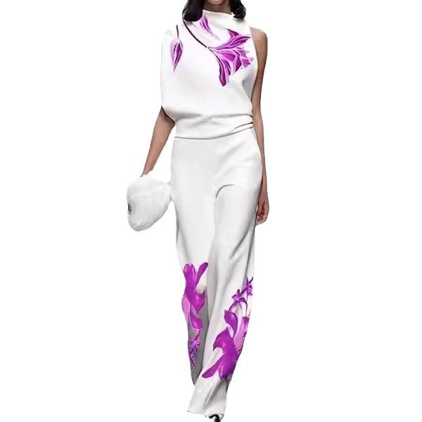 Conjunto de dos piezas con top y pantalones holgados sin mangas con estampado floral informal a la moda para mujer