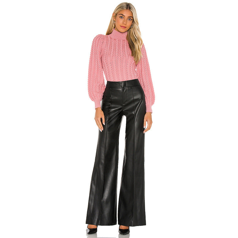 Women Pu Leather Casual High Waist Wide Leg Pants