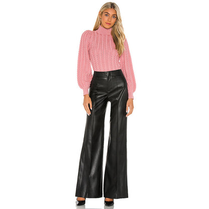 Women Pu Leather Casual High Waist Wide Leg Pants