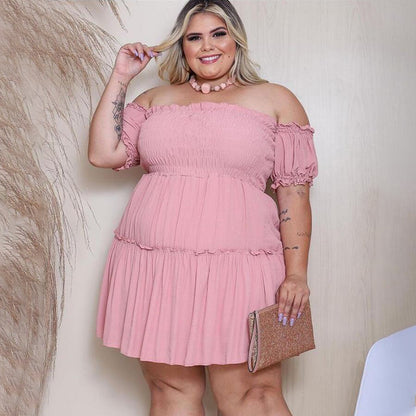 Women Fashion Casual Solid Color Off-Shoulder Plus Size Dress