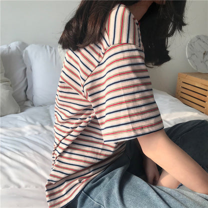 Camiseta básica informal de verano a rayas de manga corta para mujer