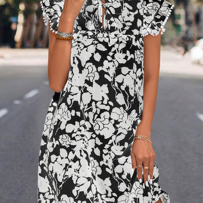 Vestido informal de verano para mujer, con cuello en V y estampado floral, de manga corta