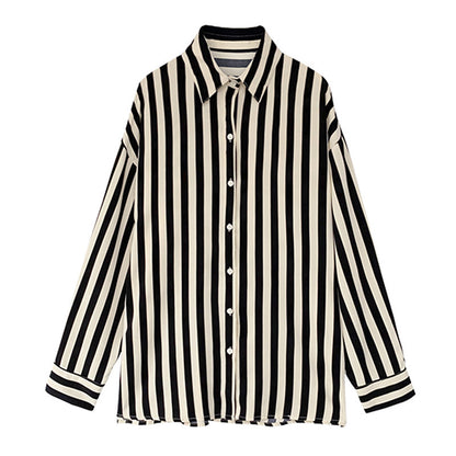 Blusas casuales de manga larga con estampado de rayas blancas y negras para mujer