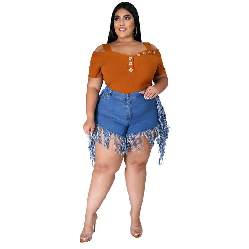 Women Fashion Casual Rothle Tassel Sanding Denim Shorts