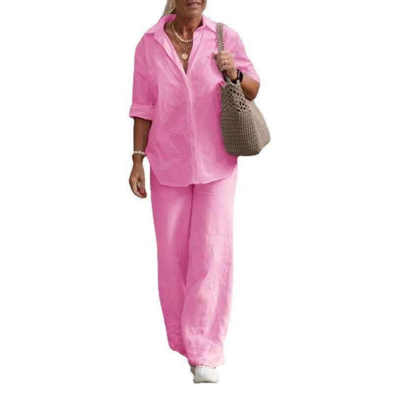 Conjunto de blusa informal de manga larga con solapa y pantalones de color liso y pierna ancha para mujer