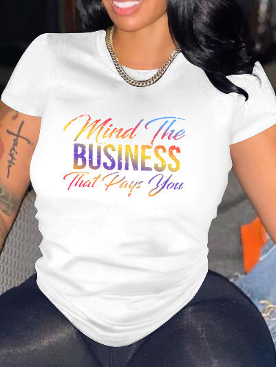 Women Casual Loose Plus Size Round Neck Short-Sleeved Graphic Colorful Letters Printed T-Shirt